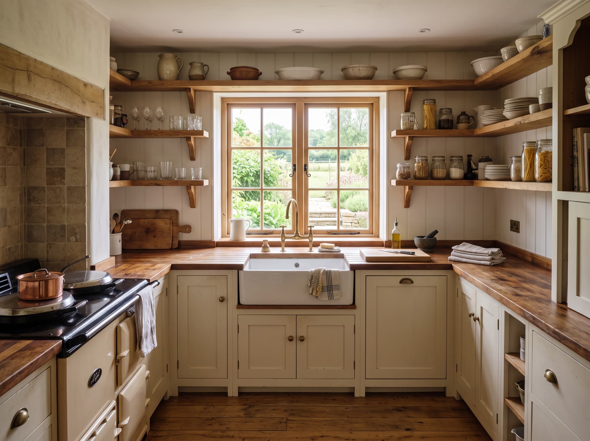 Farmhouse AI kitchen design with apron sink and open wood shelving Farmhouse AI kitchen design with apron sink and open wood shelving