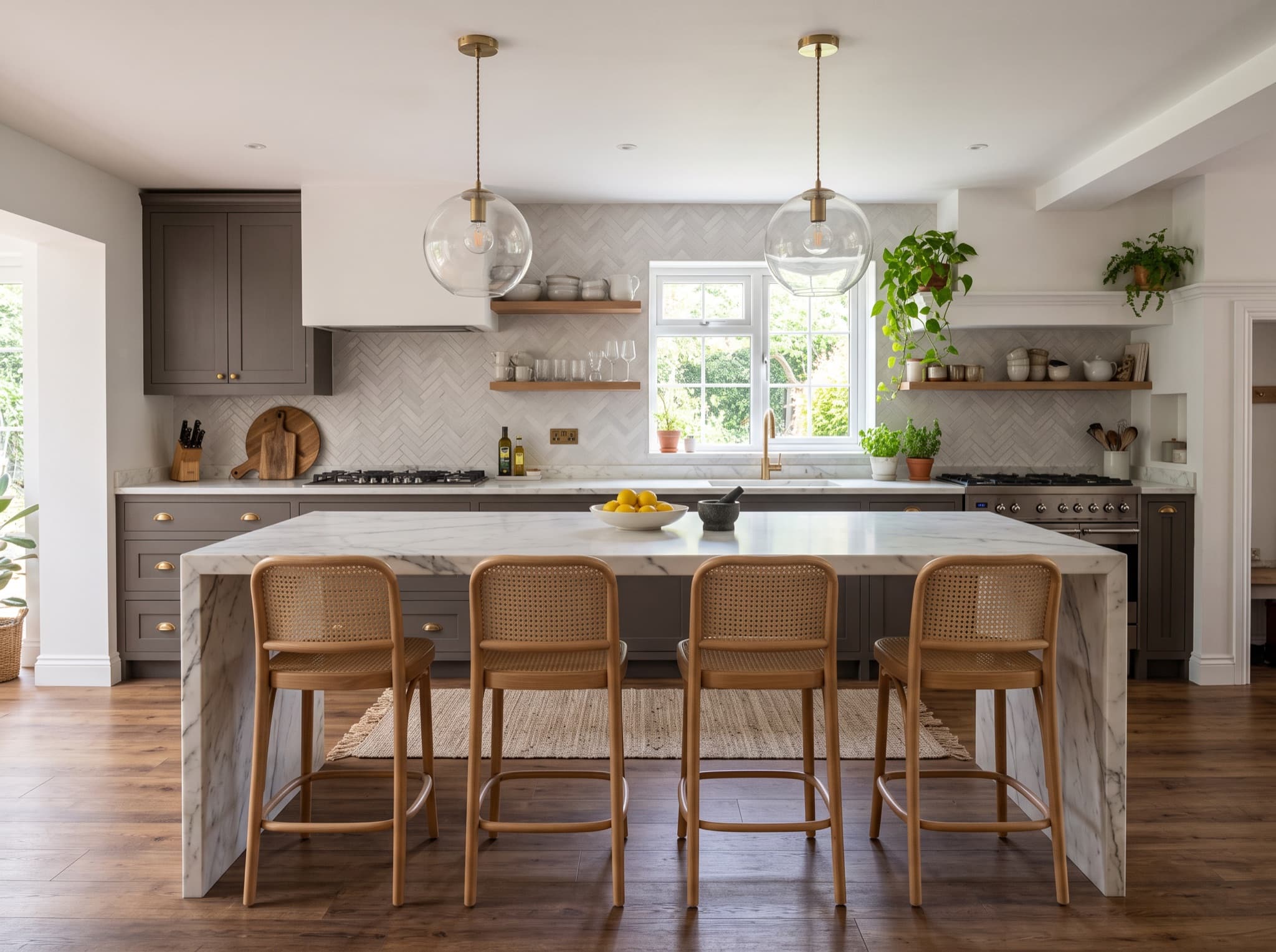 AI kitchen island design with waterfall edge and pendant lights AI kitchen island design with waterfall edge and pendant lights