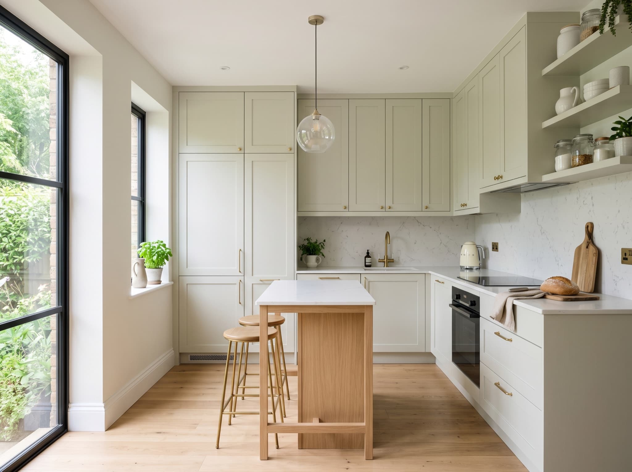 Small AI kitchen design with space-saving cabinets and bright finishes Small AI kitchen design with space-saving cabinets and bright finishes